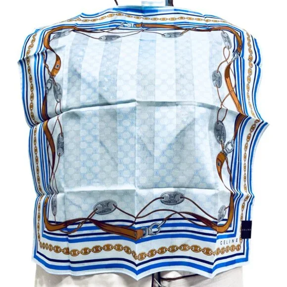 New Trendy Celine Paris Mini Scarf 20"Cotton/Silk blue gold chain  belt logo( 56 - Picture 4 of 7